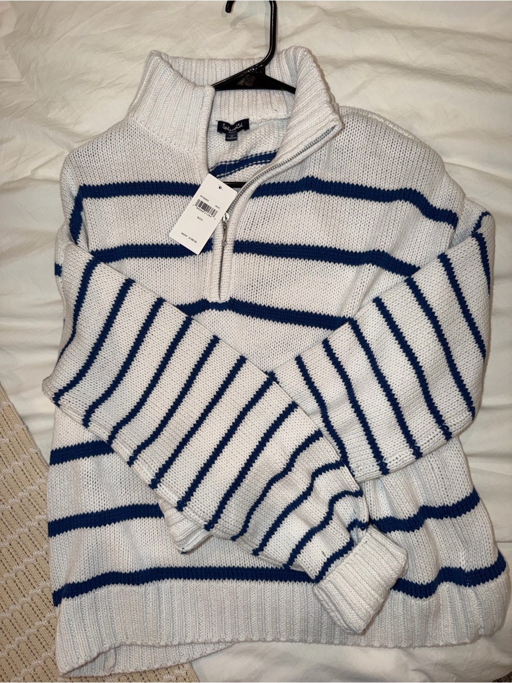 Splendid White Half-Zip Sweater with Navy Stripes